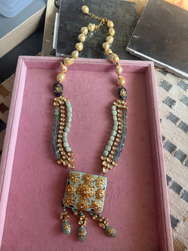 Handmade Kundan Meenakari Necklace & Earrings: Baroque Pearl, Amazonite