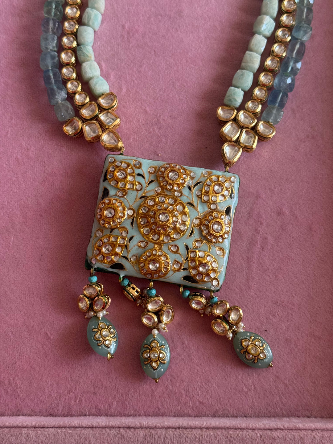 Handmade Kundan Meenakari Necklace & Earrings: Baroque Pearl, Amazonite