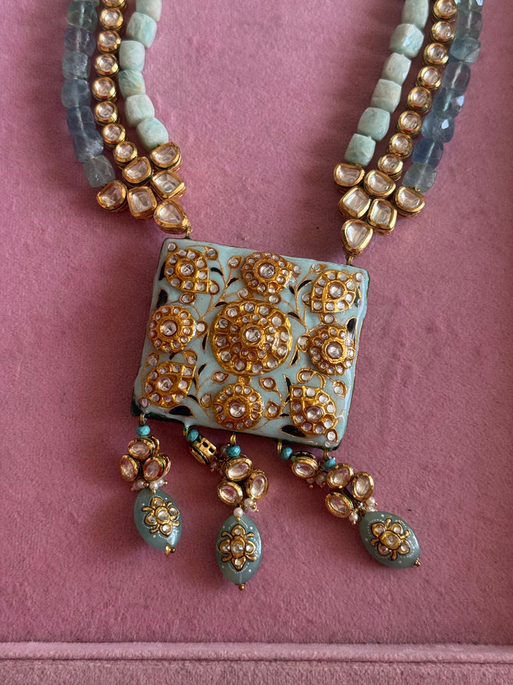 Handmade Kundan Meenakari Necklace & Earrings: Baroque Pearl, Amazonite