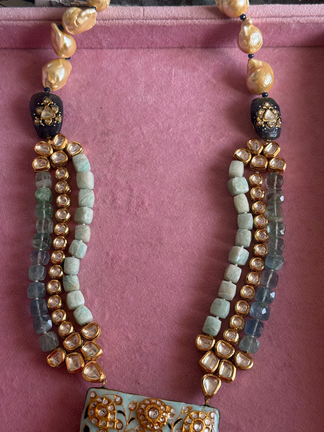 Handmade Kundan Meenakari Necklace & Earrings: Baroque Pearl, Amazonite