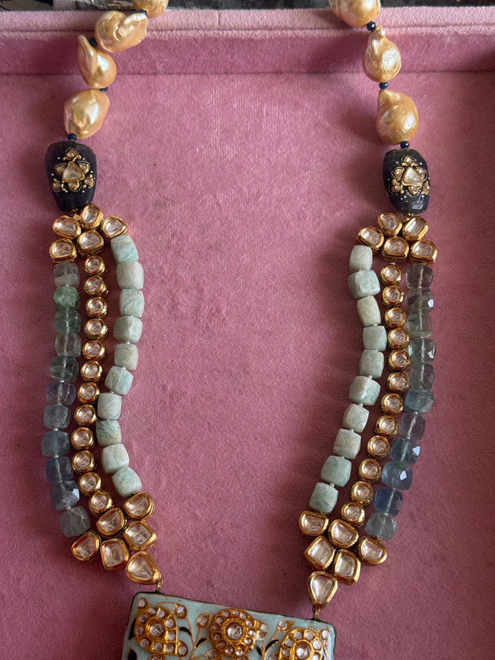 Handmade Kundan Meenakari Necklace & Earrings: Baroque Pearl, Amazonite