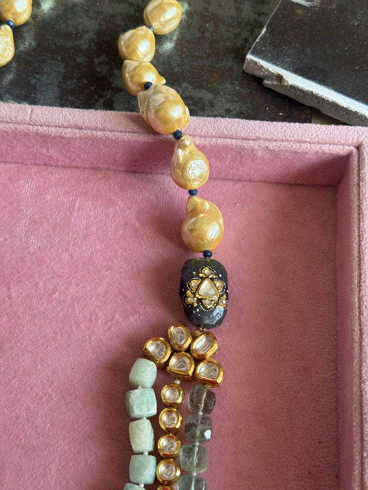 Handmade Kundan Meenakari Necklace & Earrings: Baroque Pearl, Amazonite