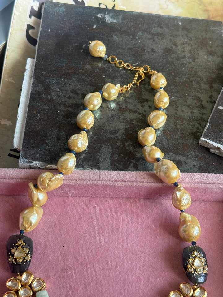 Handmade Kundan Meenakari Necklace & Earrings: Baroque Pearl, Amazonite