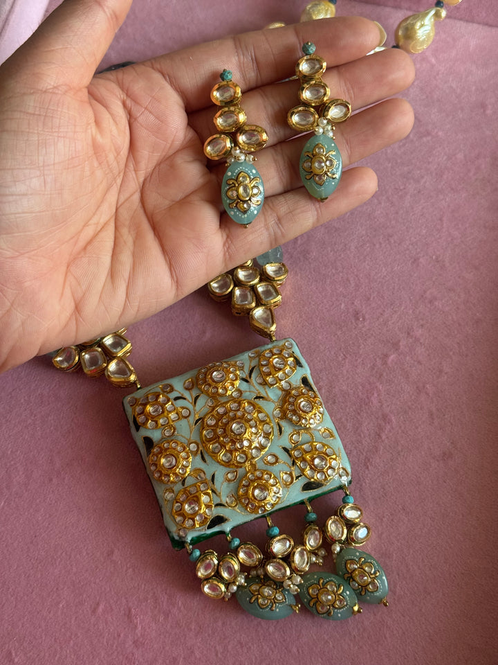 Handmade Kundan Meenakari Necklace & Earrings: Baroque Pearl, Amazonite
