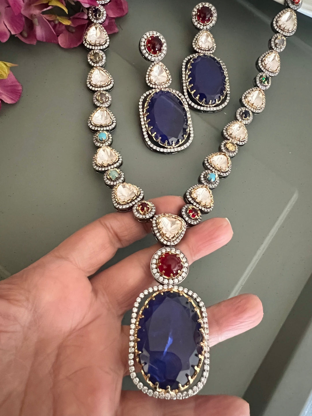 Doublet Stone Pendant Kundan Necklace Set - A Masterpiece of Elegance