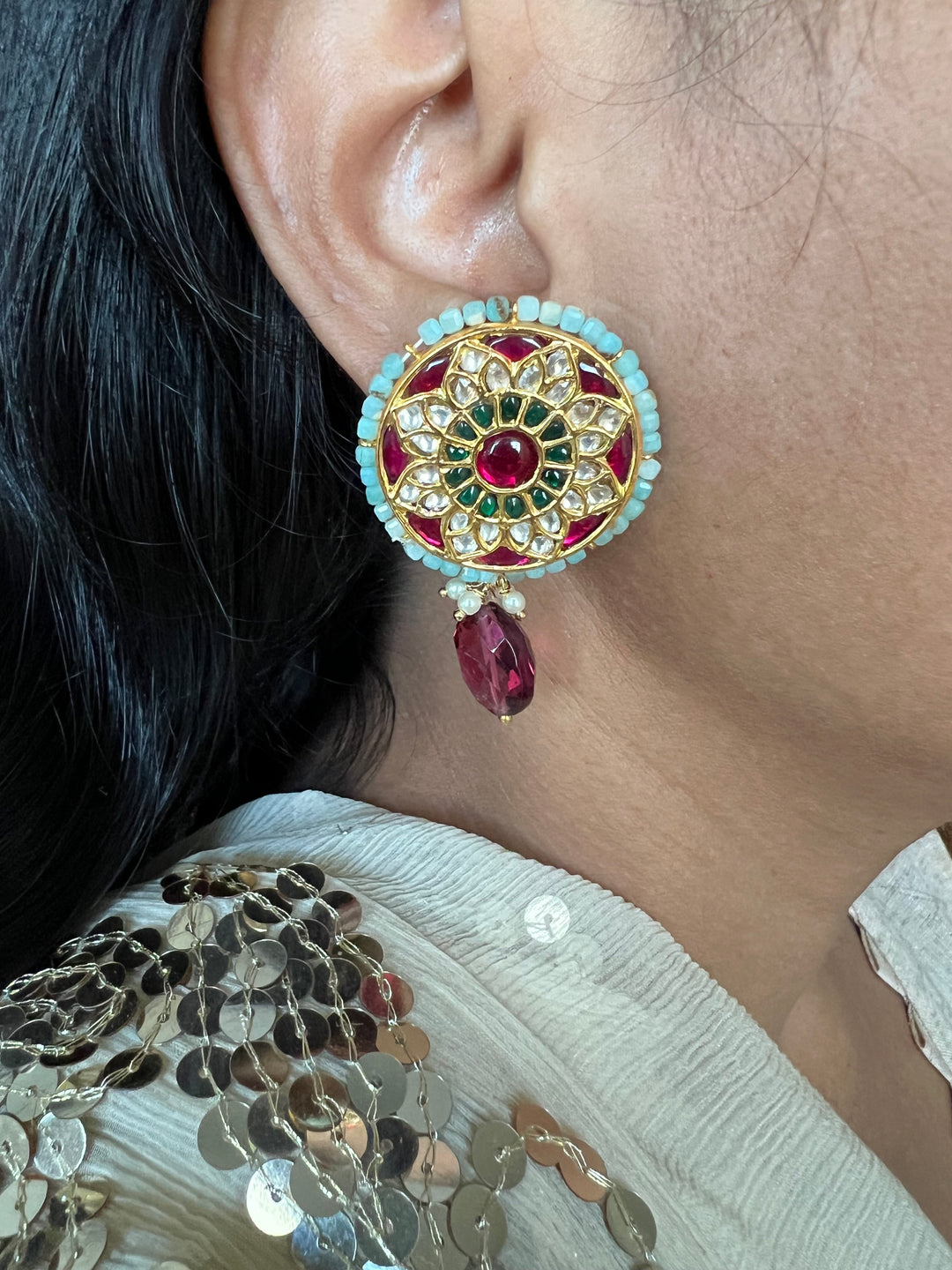 Elegant Jadau Kundan 925 Silver Earrings