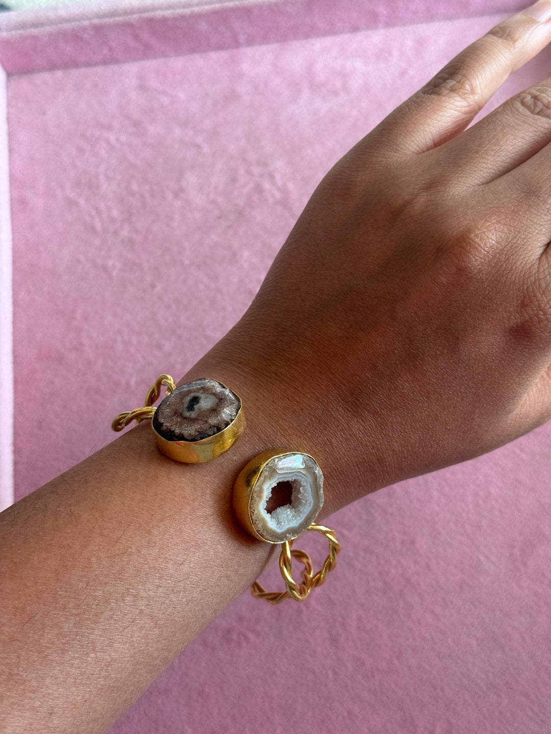 Raw Stone Cuff Bracelet, Gold Polish Brass, Adjustable