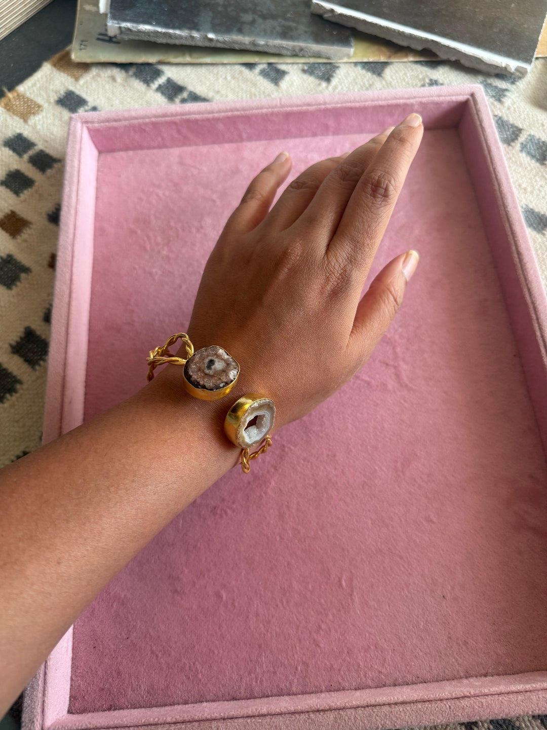 Raw Stone Cuff Bracelet, Gold Polish Brass, Adjustable