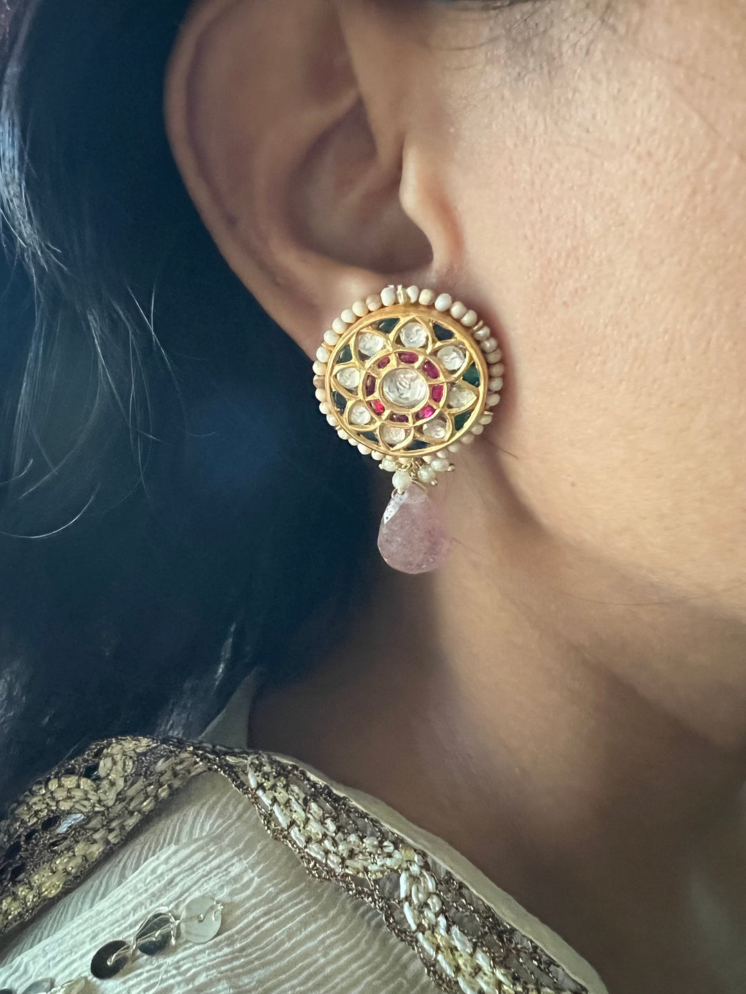 Elegant Jadau Kundan 925 Silver Earrings