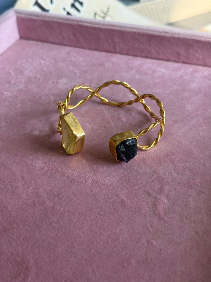 Raw Stone Cuff Bracelet, Gold Polish Brass, Adjustable