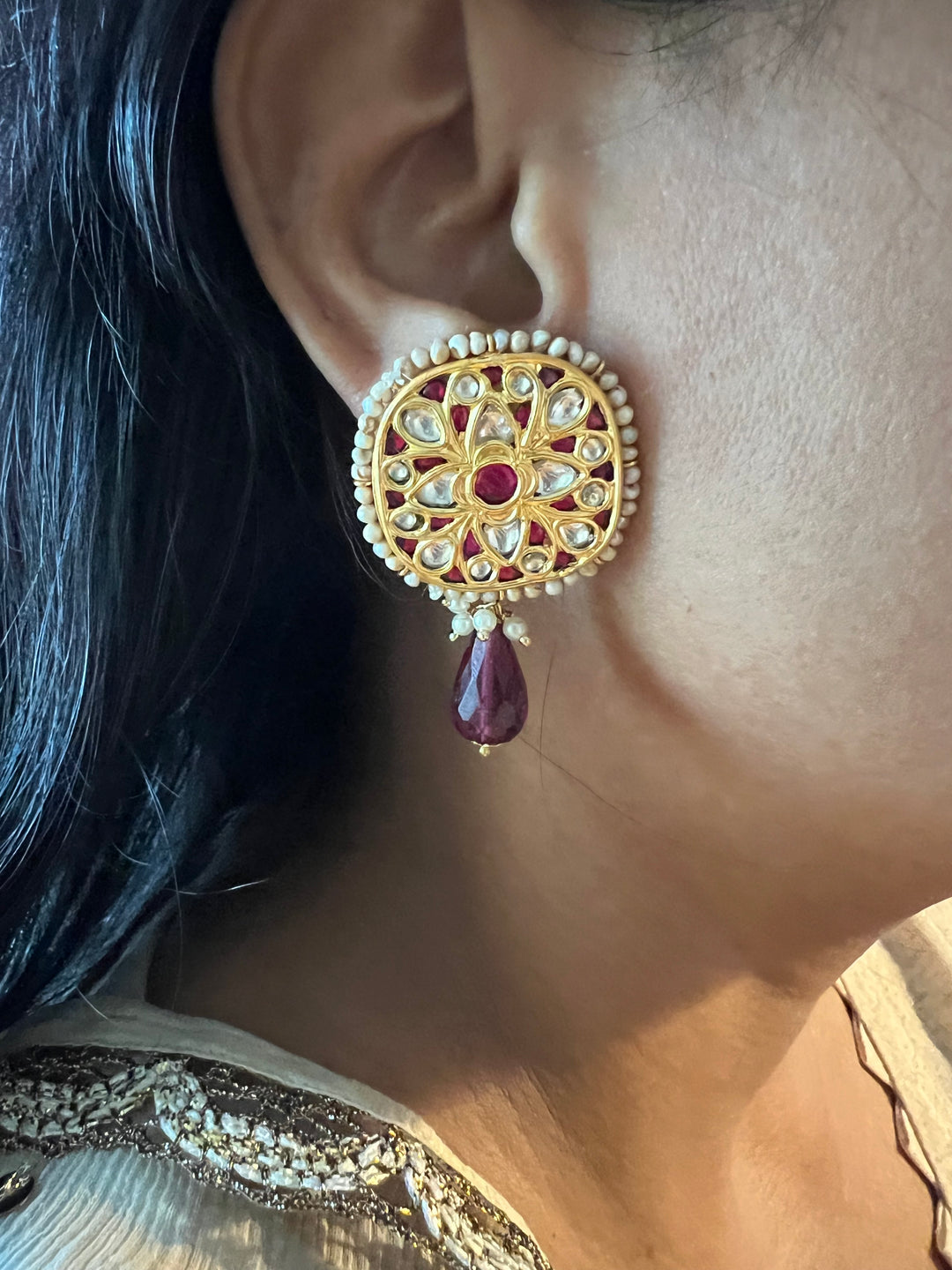 Elegant Jadau Kundan 925 Silver Earrings