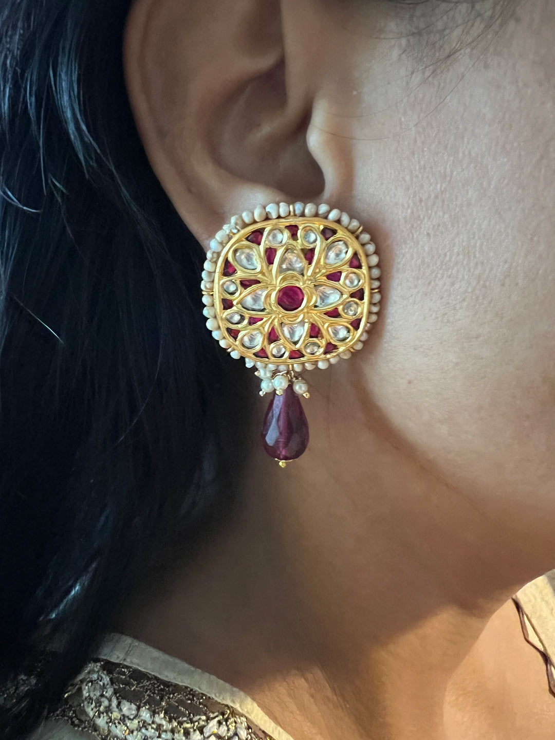 Elegant Jadau Kundan 925 Silver Earrings