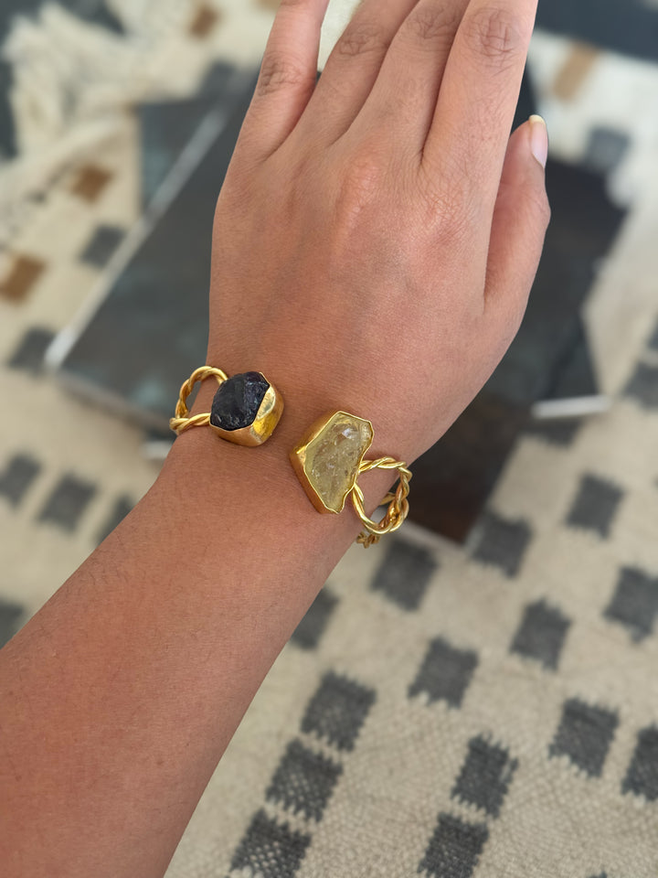 Raw Stone Cuff Bracelet, Gold Polish Brass, Adjustable