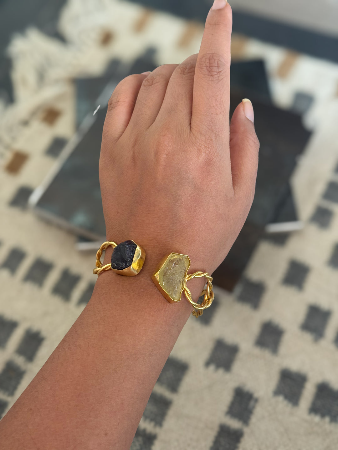 Raw Stone Cuff Bracelet, Gold Polish Brass, Adjustable