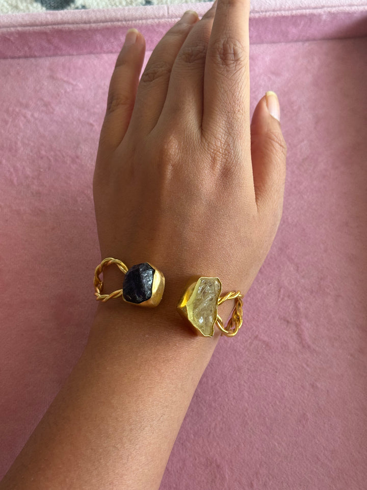 Raw Stone Cuff Bracelet, Gold Polish Brass, Adjustable