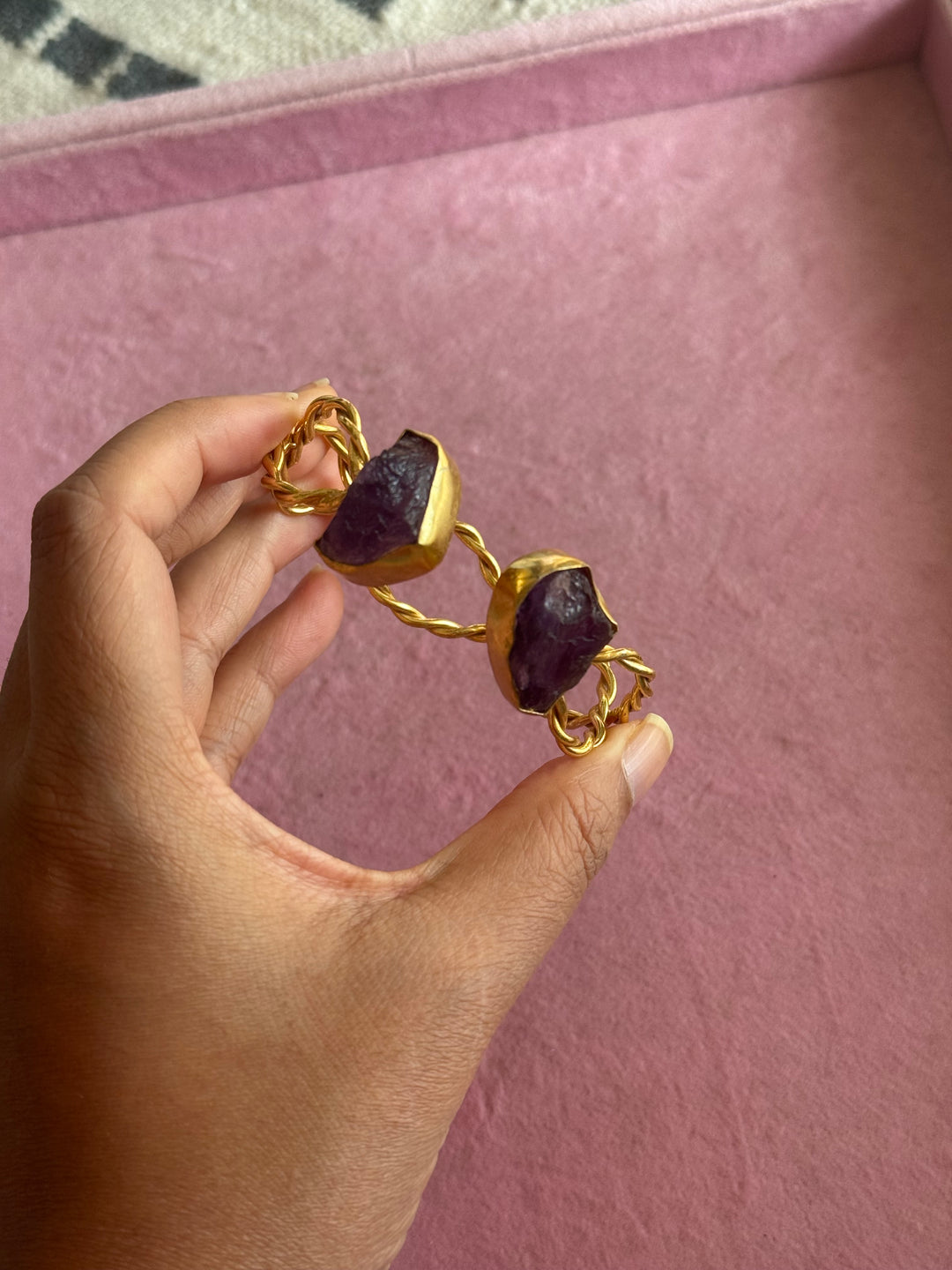 Raw Stone Cuff Bracelet, Gold Polish Brass, Adjustable