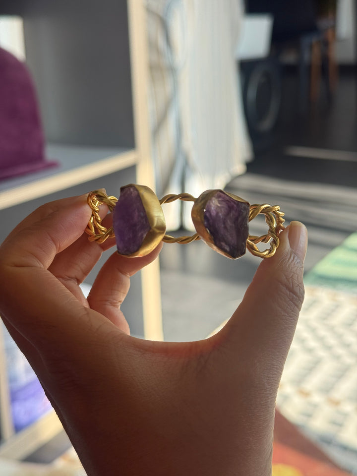 Raw Stone Cuff Bracelet, Gold Polish Brass, Adjustable