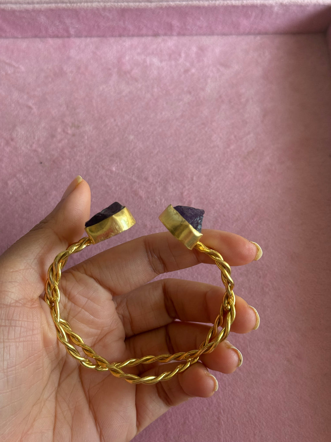 Raw Stone Cuff Bracelet, Gold Polish Brass, Adjustable