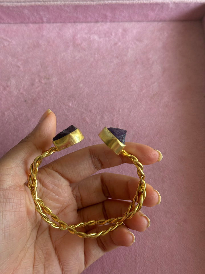 Raw Stone Cuff Bracelet, Gold Polish Brass, Adjustable