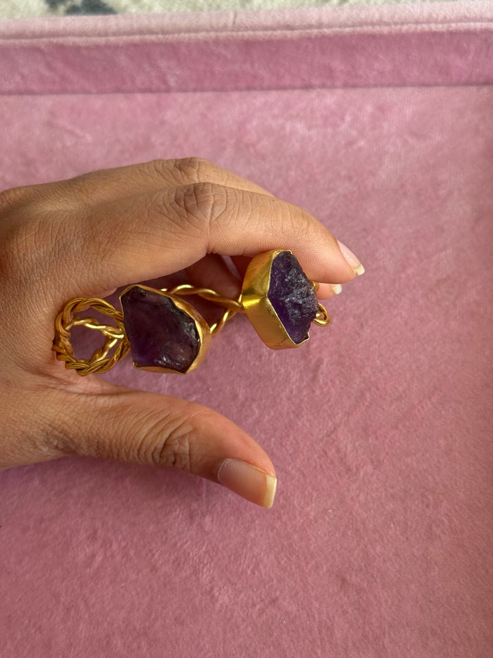 Raw Stone Cuff Bracelet, Gold Polish Brass, Adjustable