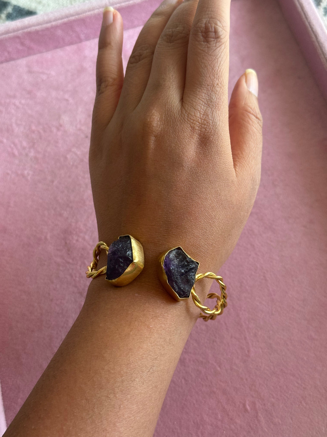 Raw Stone Cuff Bracelet, Gold Polish Brass, Adjustable