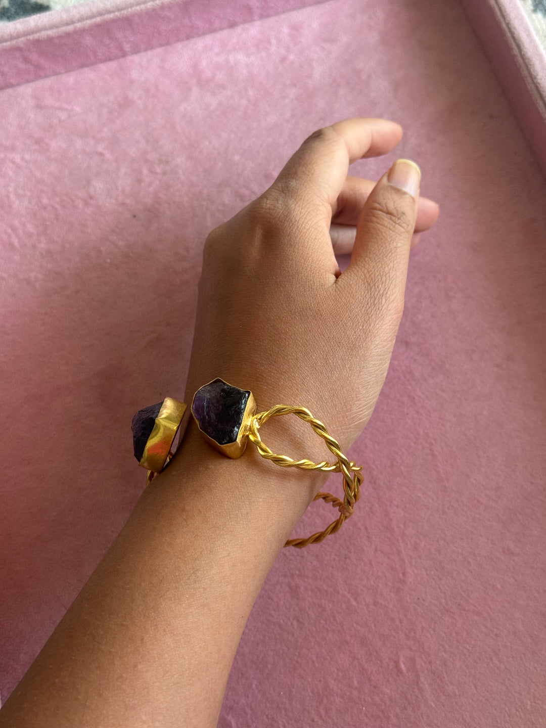 Raw Stone Cuff Bracelet, Gold Polish Brass, Adjustable