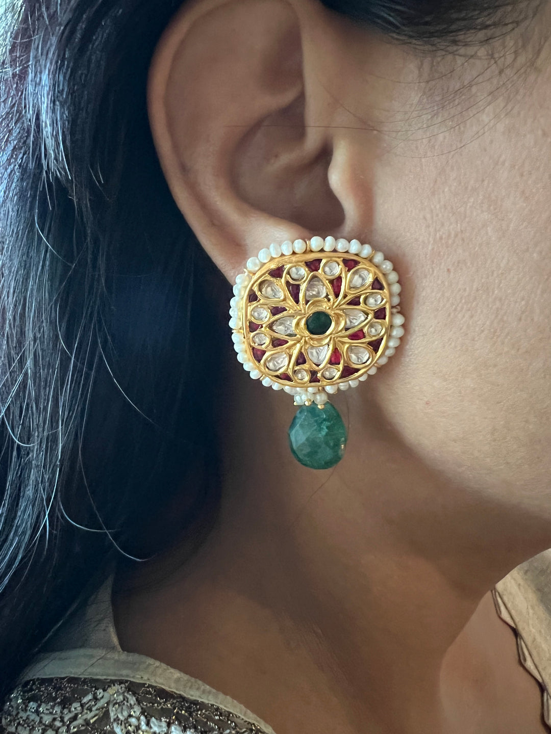 Elegant Jadau Kundan 925 Silver Earrings