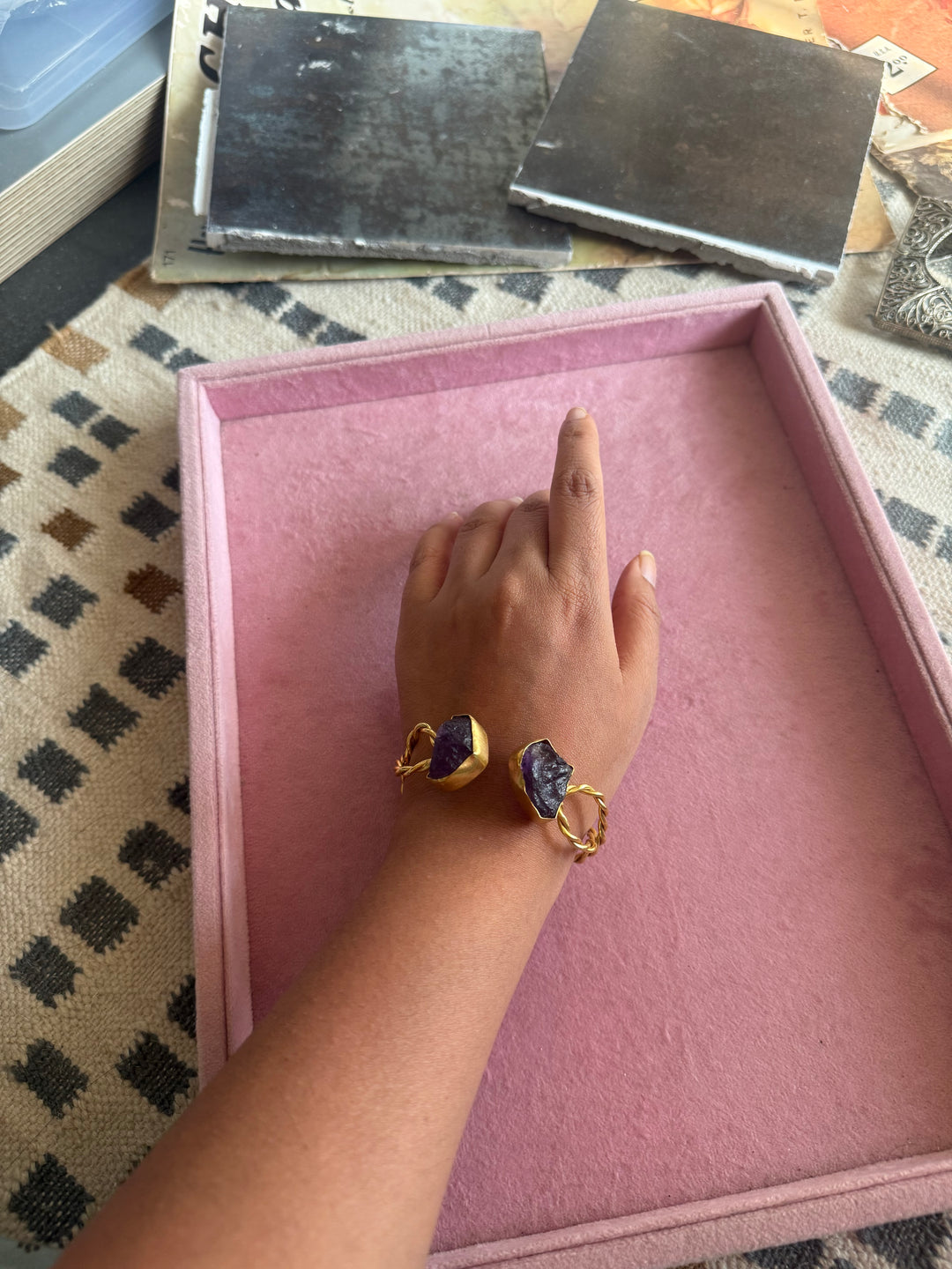Raw Stone Cuff Bracelet, Gold Polish Brass, Adjustable