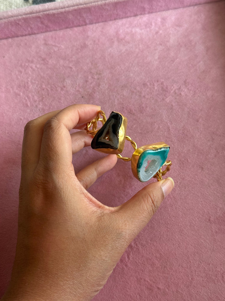 Raw Stone Cuff Bracelet, Gold Polish Brass, Adjustable