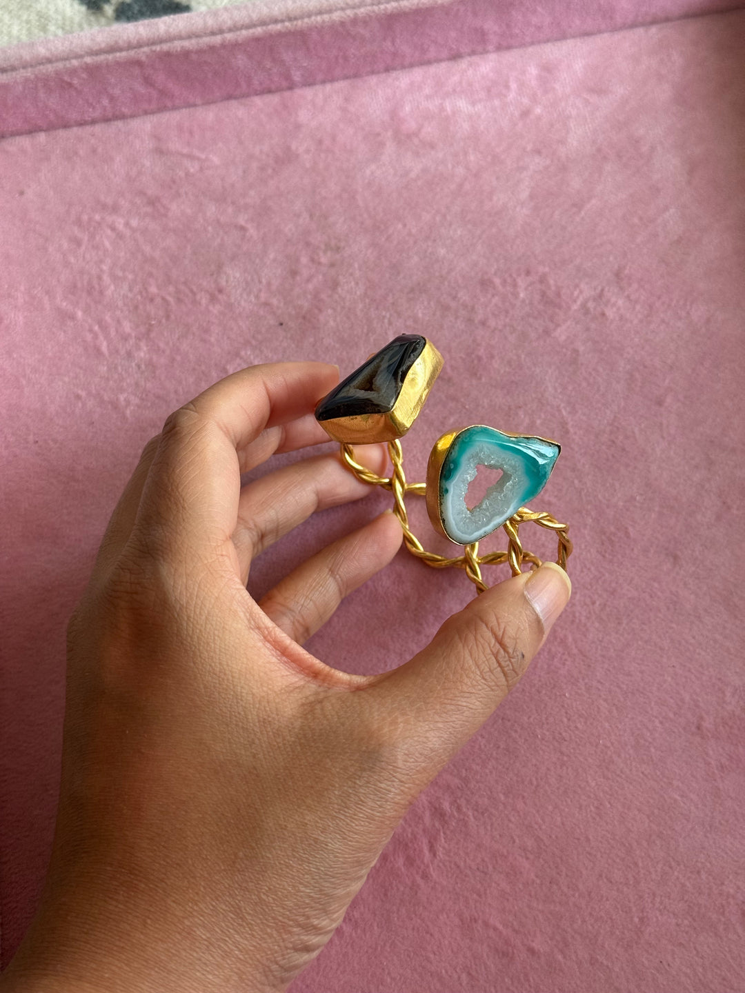 Raw Stone Cuff Bracelet, Gold Polish Brass, Adjustable