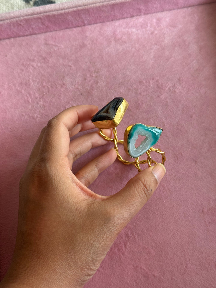Raw Stone Cuff Bracelet, Gold Polish Brass, Adjustable
