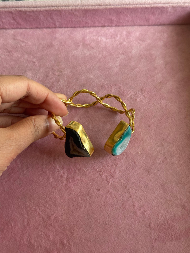 Raw Stone Cuff Bracelet, Gold Polish Brass, Adjustable