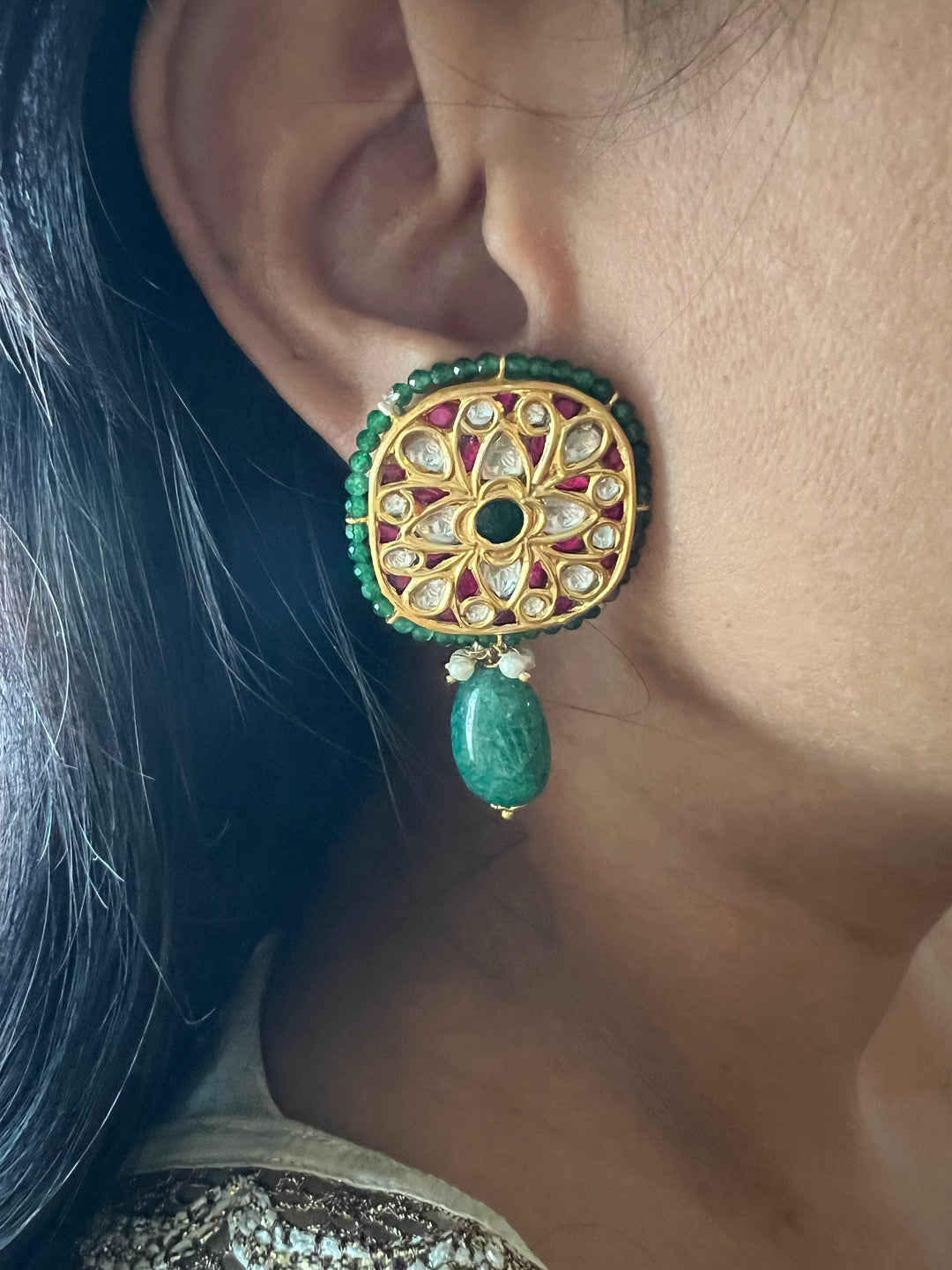 Elegant Jadau Kundan 925 Silver Earrings