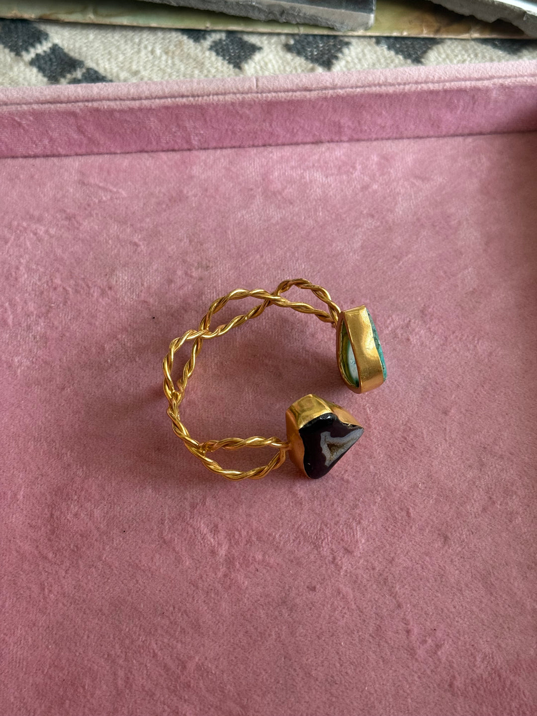 Raw Stone Cuff Bracelet, Gold Polish Brass, Adjustable