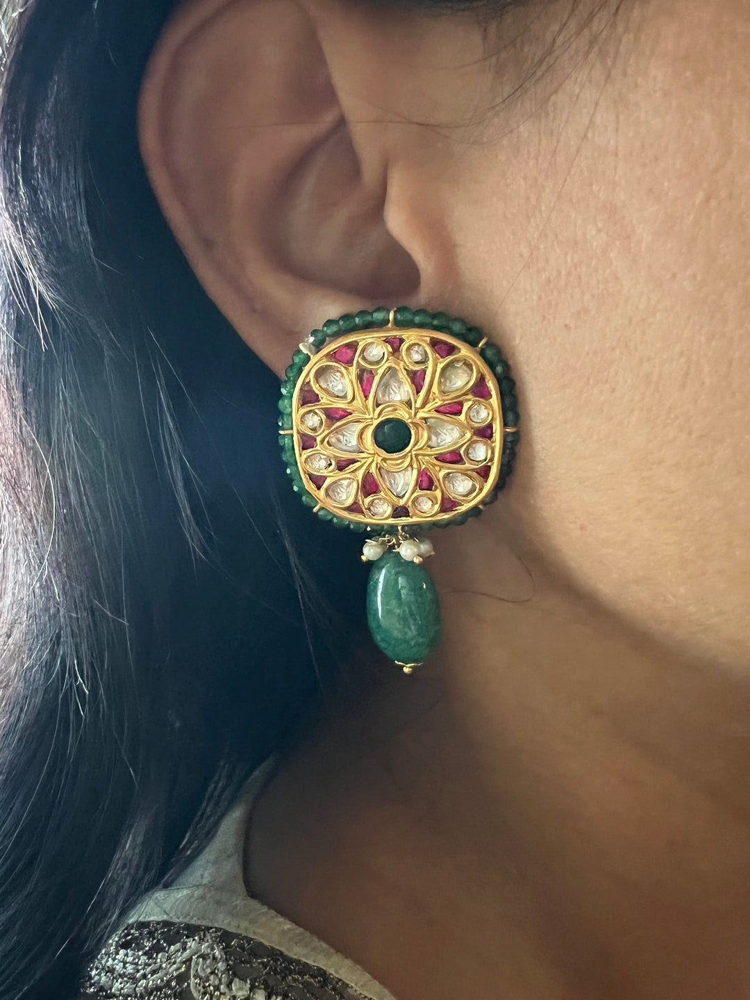 Elegant Jadau Kundan 925 Silver Earrings