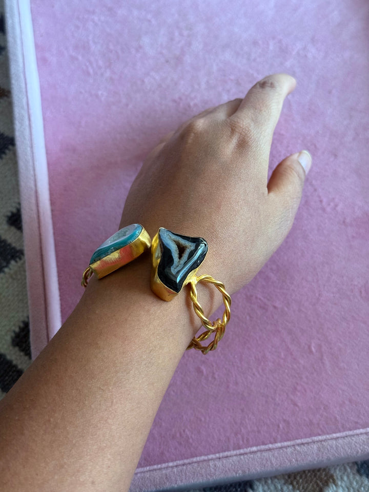 Raw Stone Cuff Bracelet, Gold Polish Brass, Adjustable