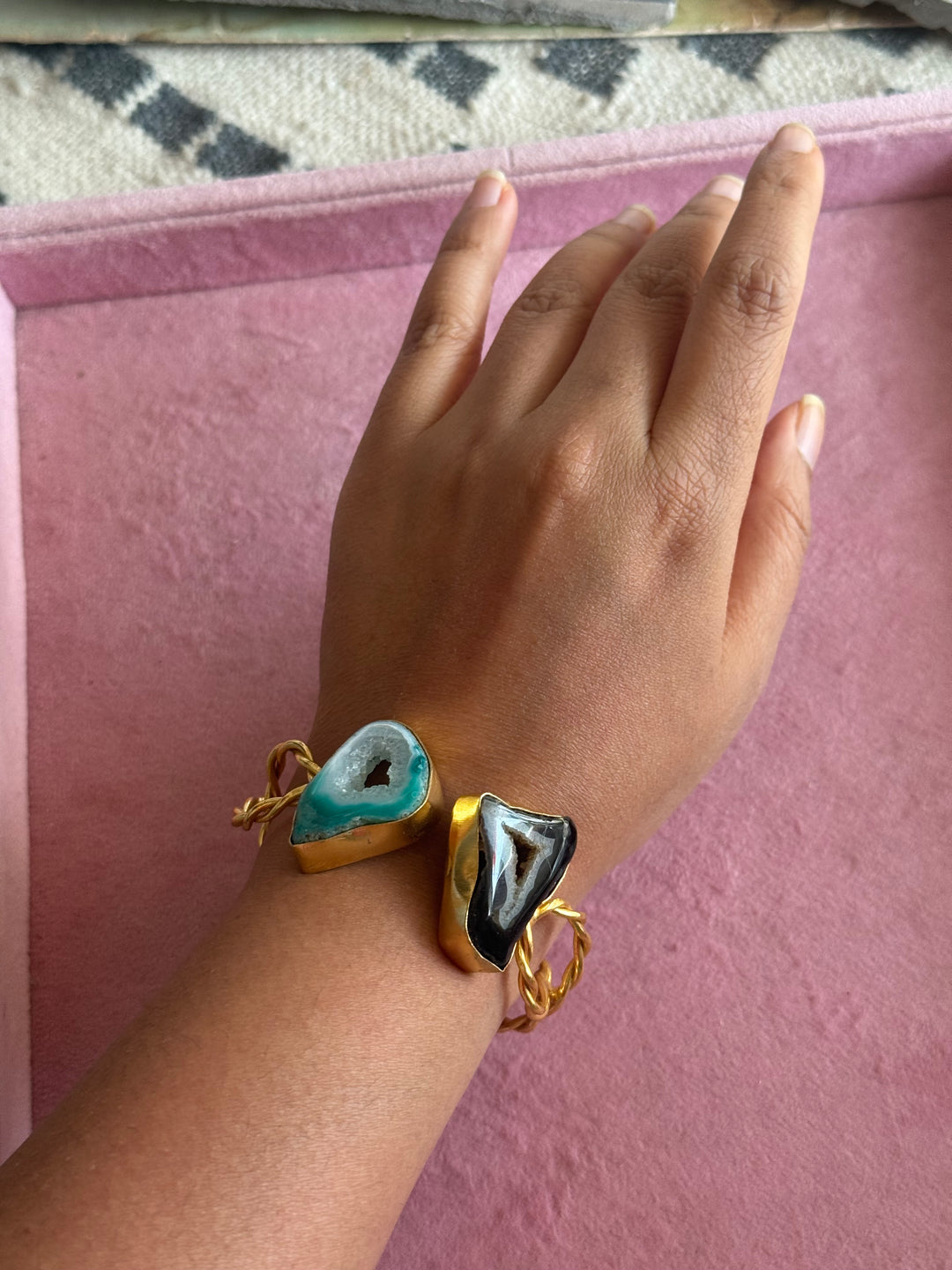 Raw Stone Cuff Bracelet, Gold Polish Brass, Adjustable