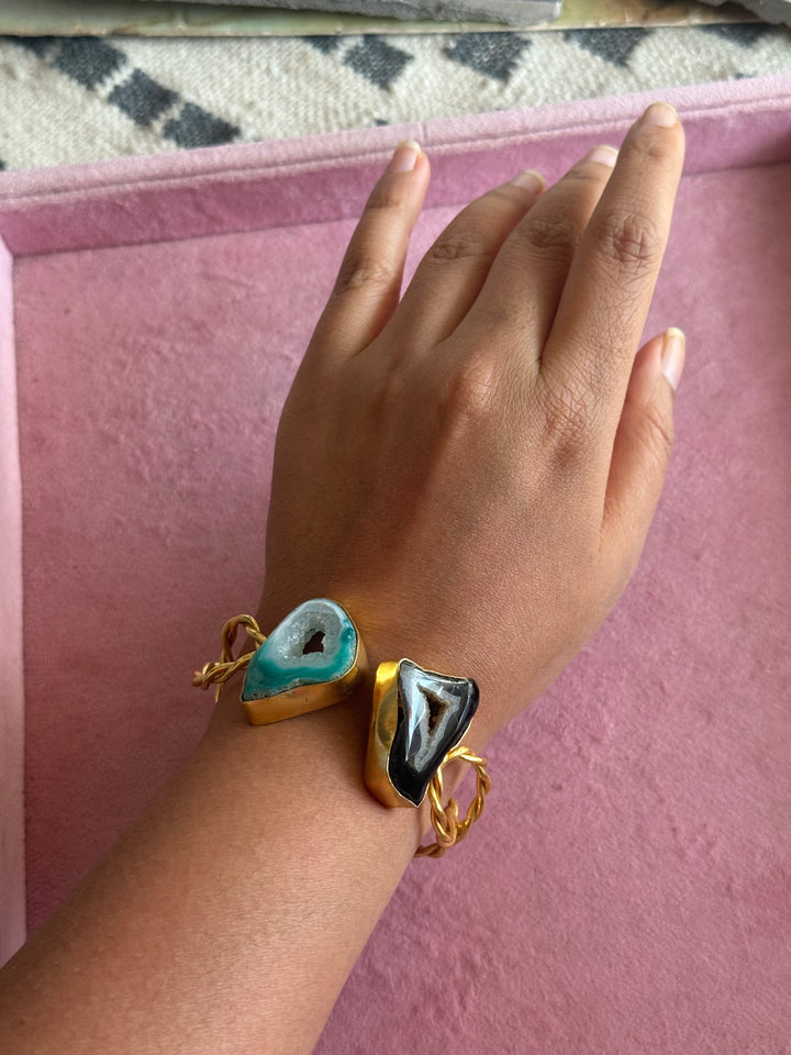 Raw Stone Cuff Bracelet, Gold Polish Brass, Adjustable