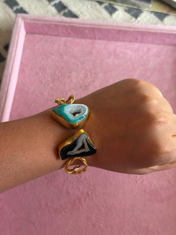 Raw Stone Cuff Bracelet, Gold Polish Brass, Adjustable