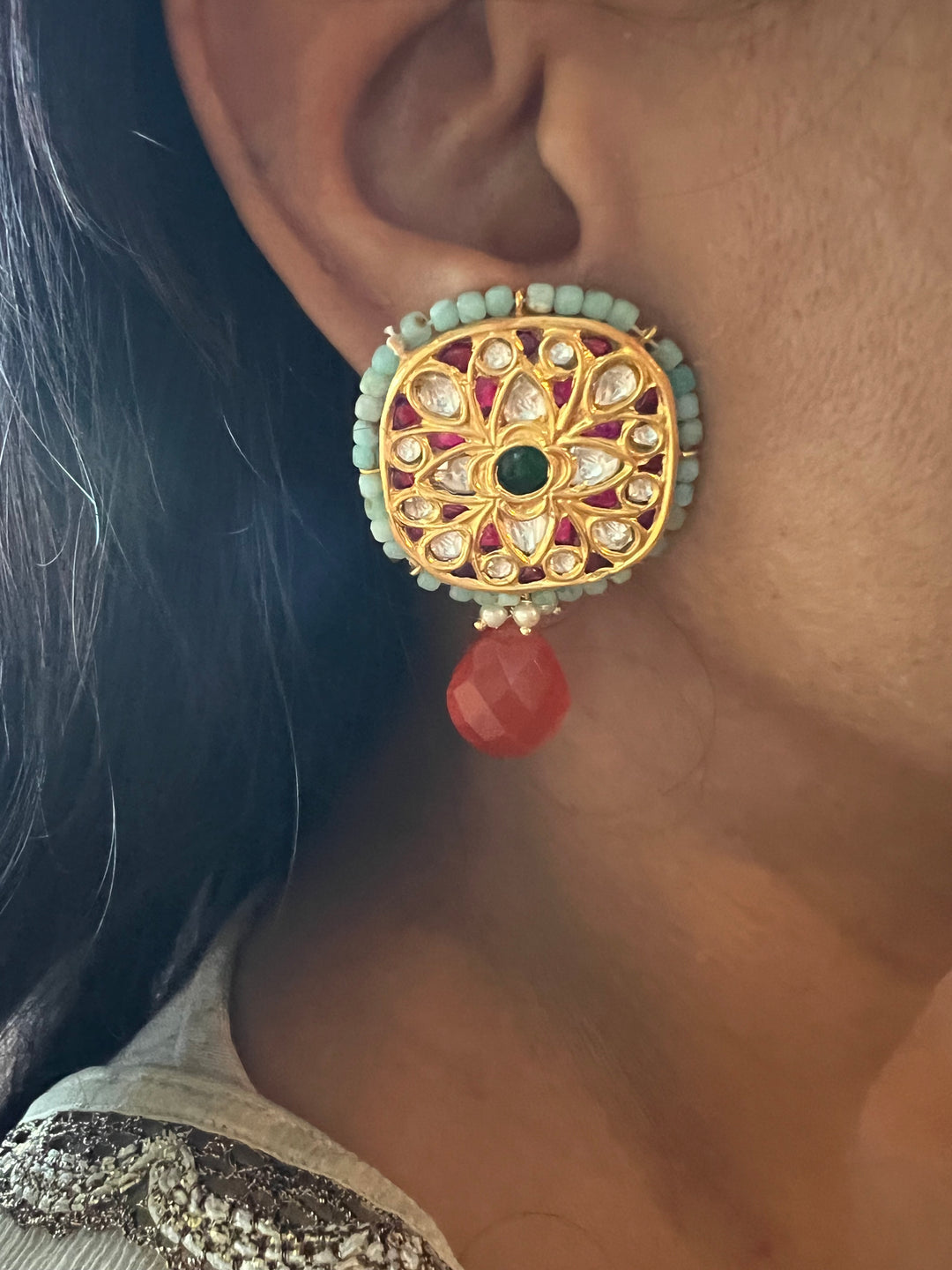 Elegant Jadau Kundan 925 Silver Earrings