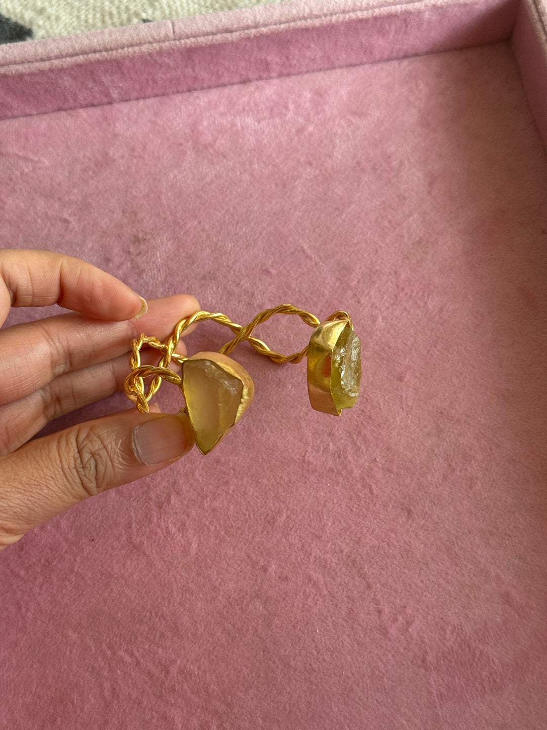 Raw Stone Cuff Bracelet, Gold Polish Brass, Adjustable