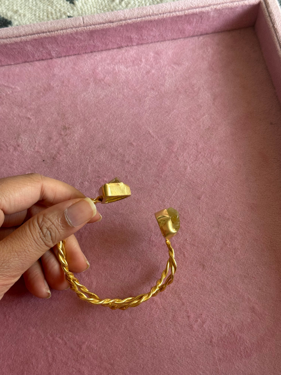 Raw Stone Cuff Bracelet, Gold Polish Brass, Adjustable