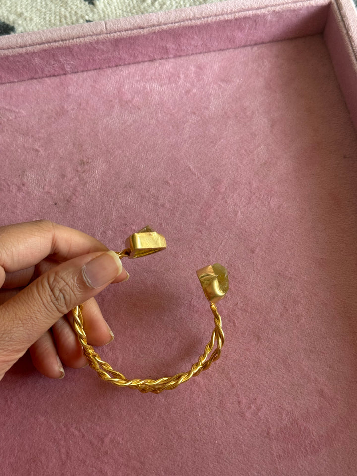 Raw Stone Cuff Bracelet, Gold Polish Brass, Adjustable