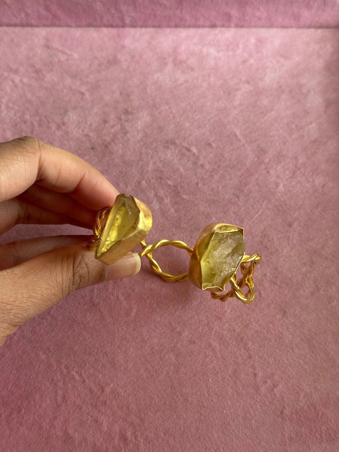 Raw Stone Cuff Bracelet, Gold Polish Brass, Adjustable