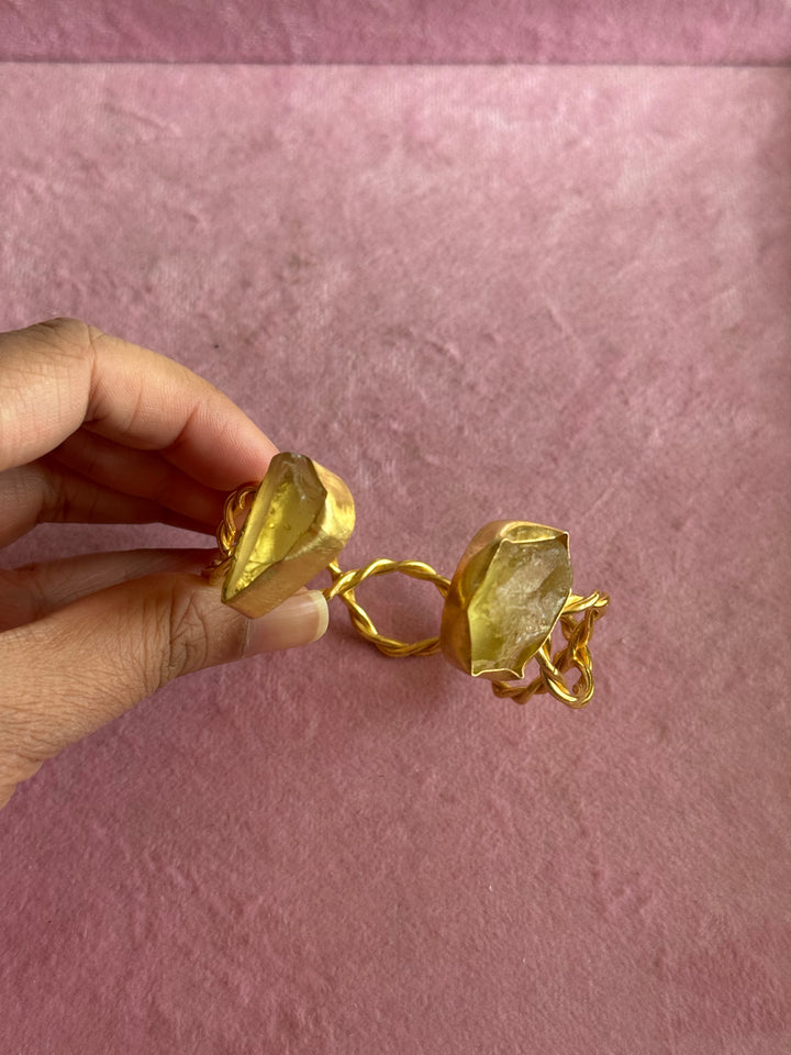 Raw Stone Cuff Bracelet, Gold Polish Brass, Adjustable