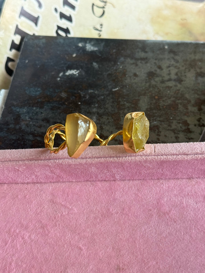 Raw Stone Cuff Bracelet, Gold Polish Brass, Adjustable