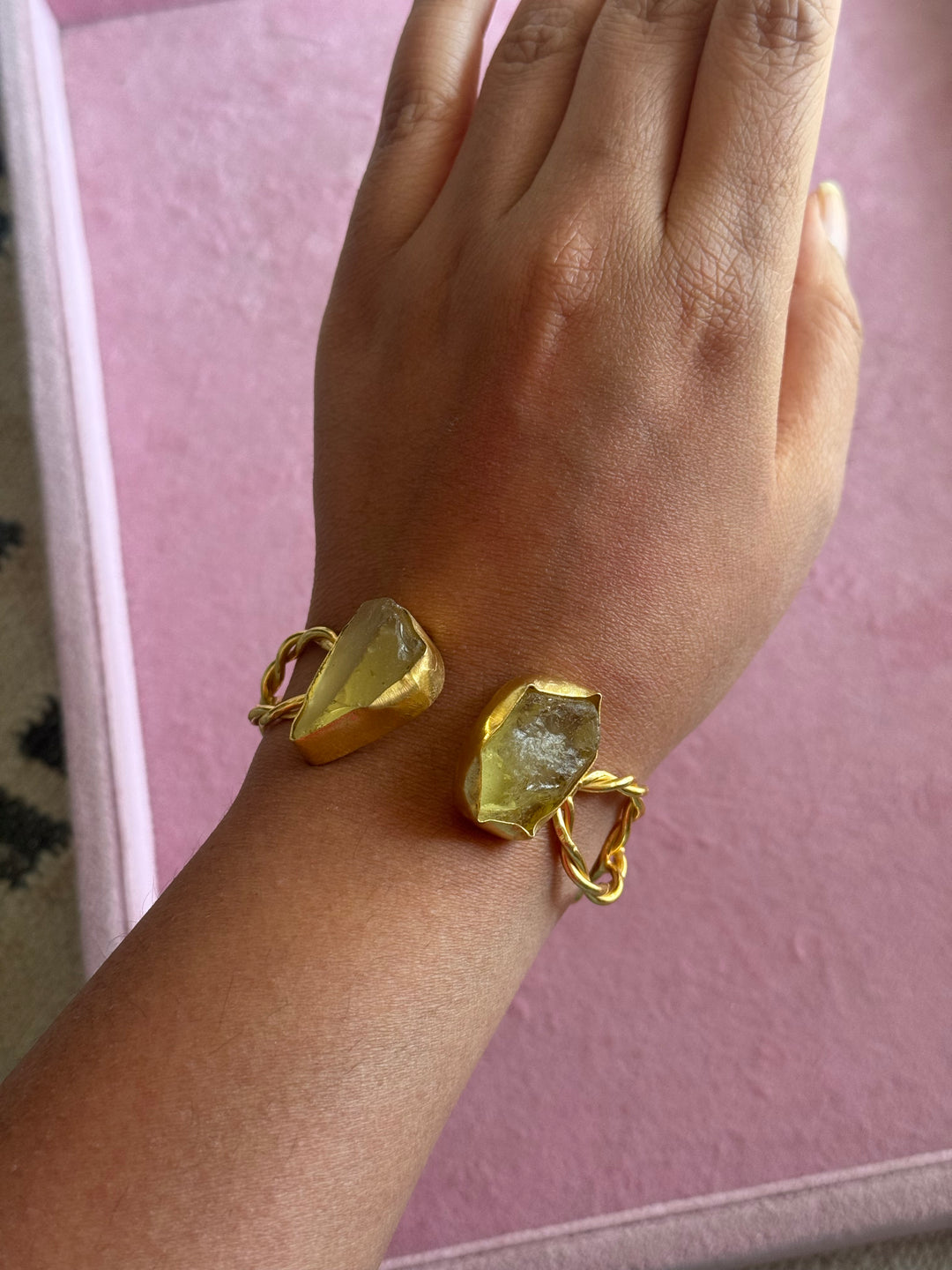 Raw Stone Cuff Bracelet, Gold Polish Brass, Adjustable