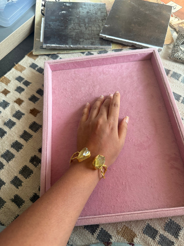 Raw Stone Cuff Bracelet, Gold Polish Brass, Adjustable