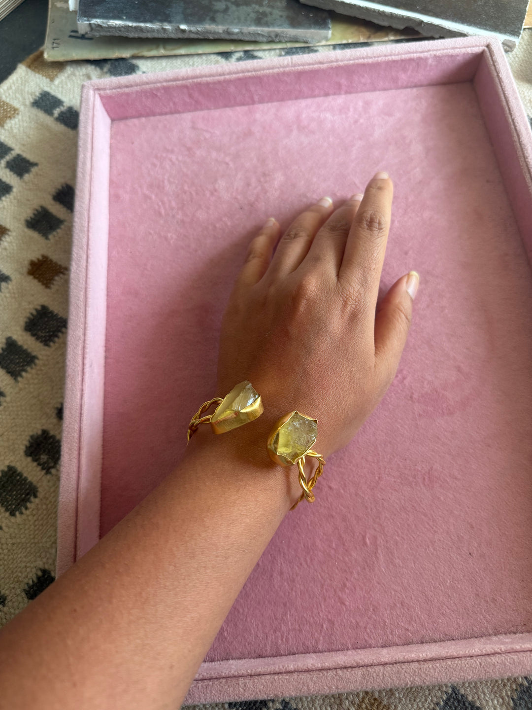 Raw Stone Cuff Bracelet, Gold Polish Brass, Adjustable