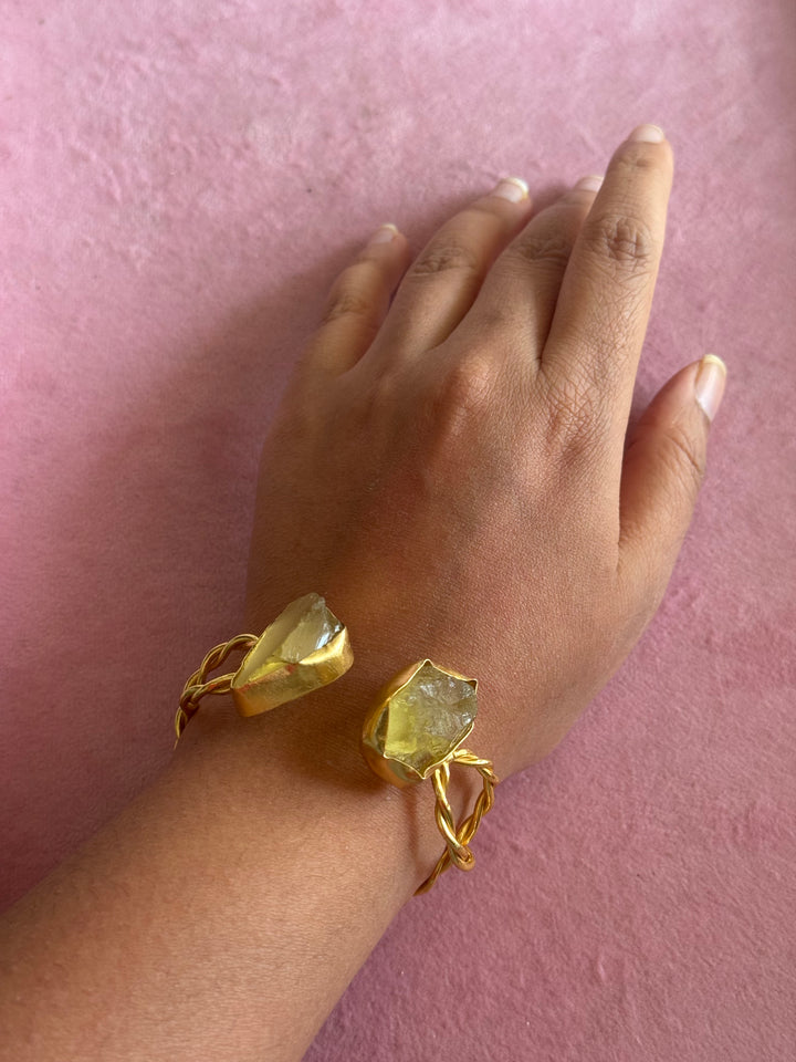 Raw Stone Cuff Bracelet, Gold Polish Brass, Adjustable
